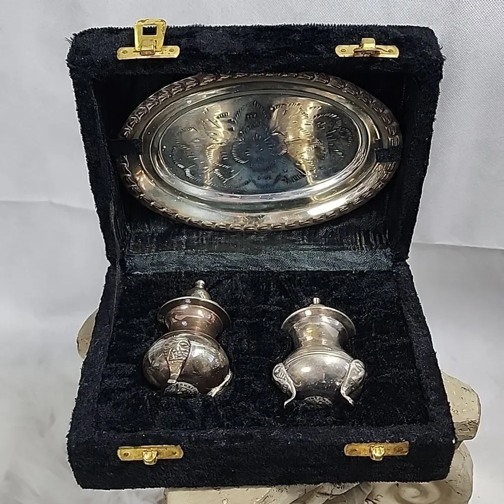 Vintage Silverplate Salt & Pepper with Tray and Crushed Velvet Case